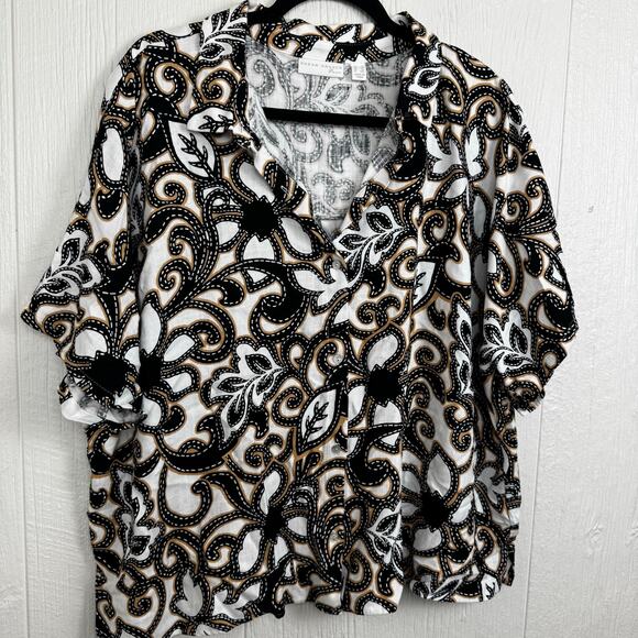 Susan Graver PURE Printed Linen Blend Elbow Sleeve Camp Shirt Black Tan Size 1X - Picture 9 of 9